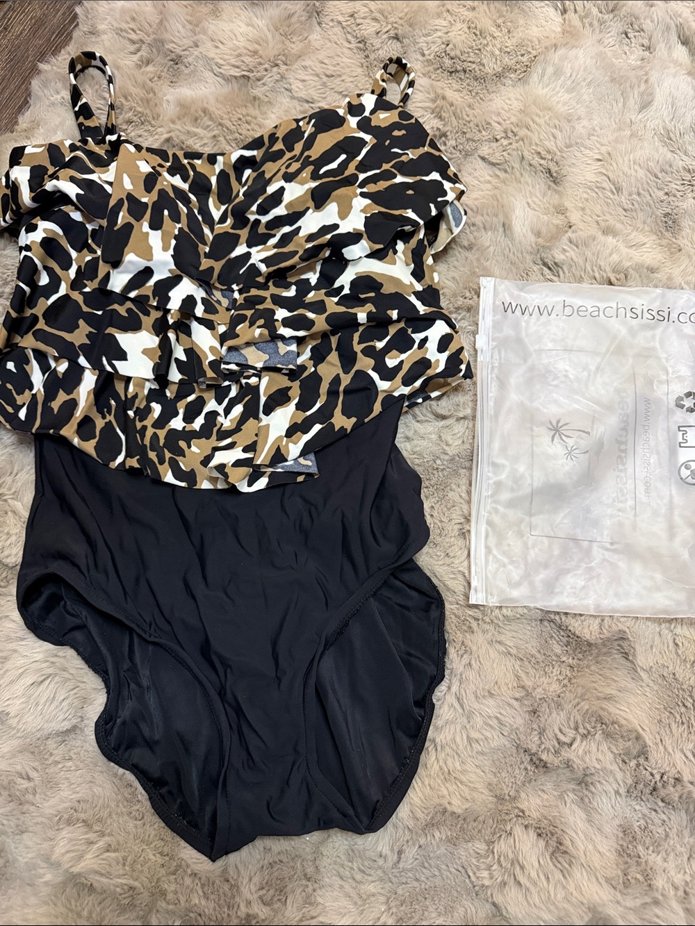 Animal Print Ruffle One-Piece Swimsuit - Black & Tan XL